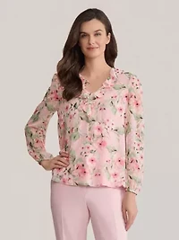 Clip Dot Floral Ruffle Front V-Neck Blouse