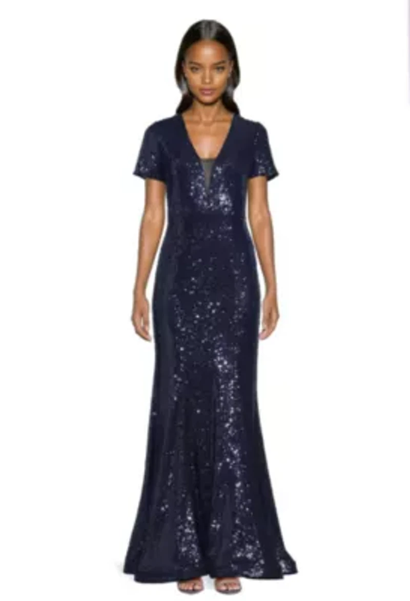 V-neck Sequin Fit and Flare Gown