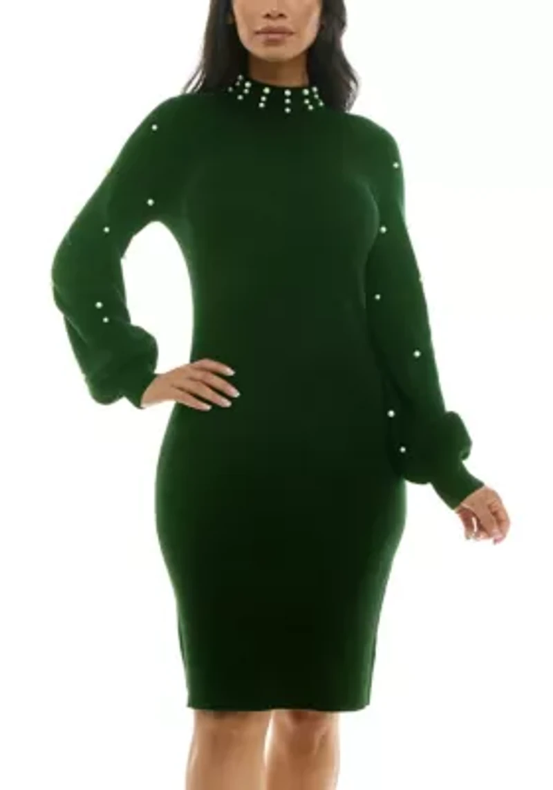 Pearl Embellished Mock Neck Sweater Dress