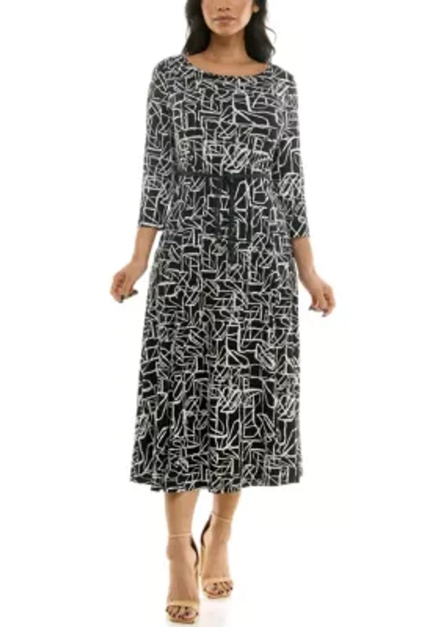 women's nina leonard sylvia print midi dress Women's Nina Leonard Sylvia Midi Dress with Belt