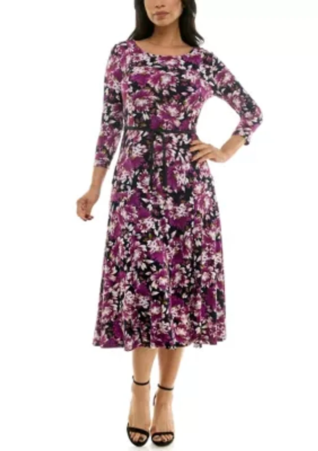 women's nina leonard sylvia print midi dress Women's Nina Leonard Sylvia Midi Dress with Belt