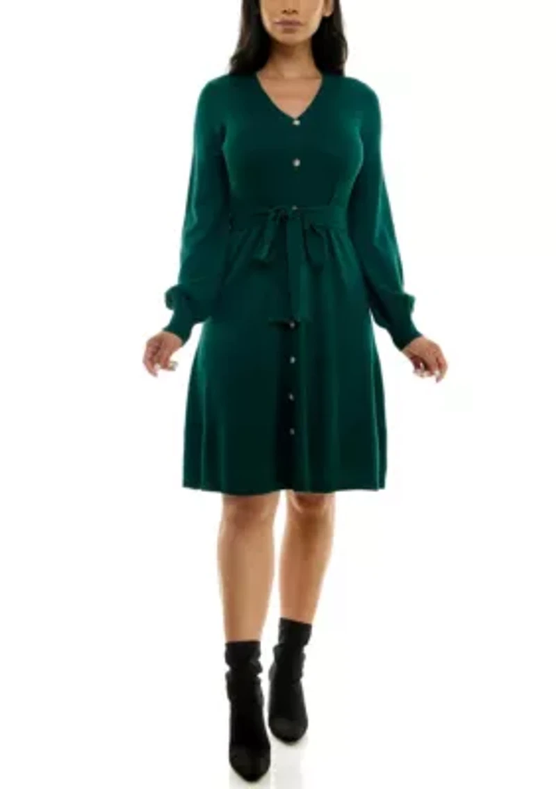 Balloon Sleeve Sash Sweater Dress