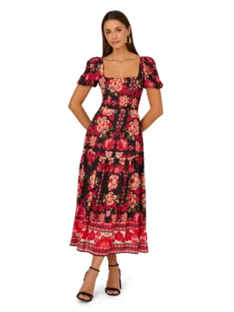 Printed Puff Midi Dress