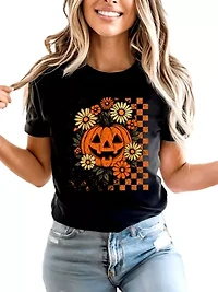 Checkered Floral Pumpkin T-Shirt, Preppy Halloween Tee
