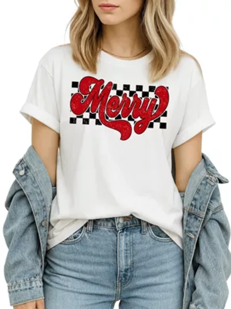 Merry Retro T‑Shirt, Christmas Checkered Tee