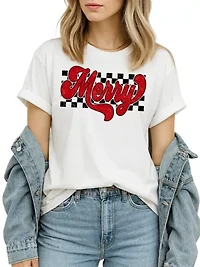 Merry Retro T‑Shirt, Christmas Checkered Tee