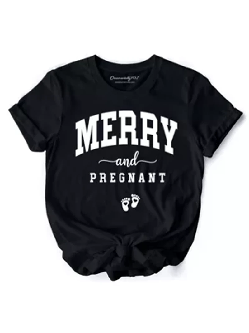 Merry and Pregnant T‑Shirt, Baby Announcement Tee