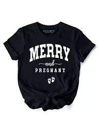 Merry and Pregnant T‑Shirt, Baby Announcement Tee