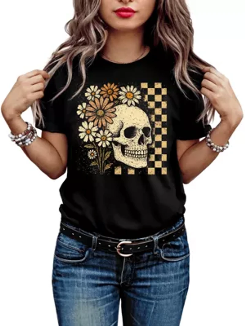 Checkered Floral Daisy Skeleton T-Shirt
