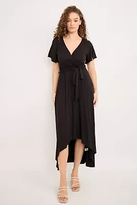 Flutter Sleeve Faux-Wrap Midi Dress