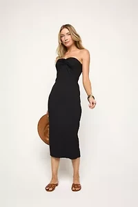 Strapless Twist Front Textured Midi Dress