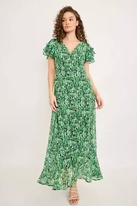 Smocked Waist Flutter Sleeve Maxi Dress