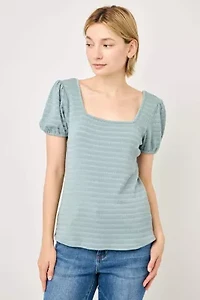 Square Neck Puff Sleeve Textured Knit Top