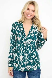 Collared Long Sleeve V-Neck Blouse