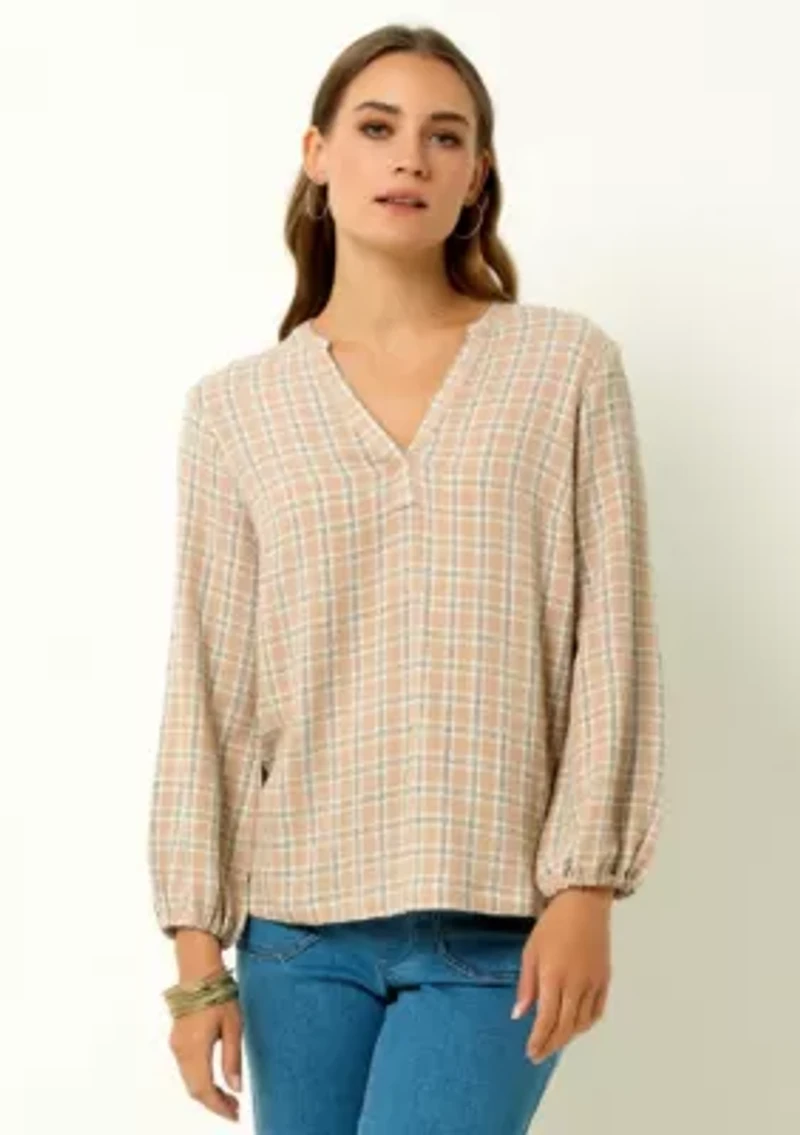 V-Neck Plaid Peasant Top