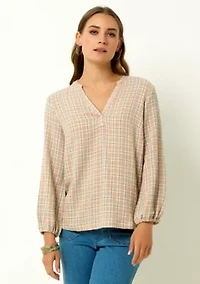 V-Neck Plaid Peasant Top