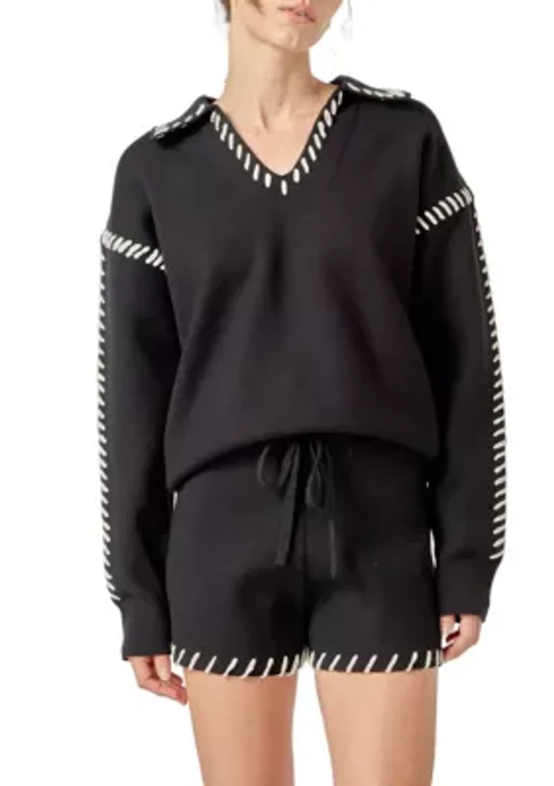 STITCH DETAIL KNIT COLLAR TOP