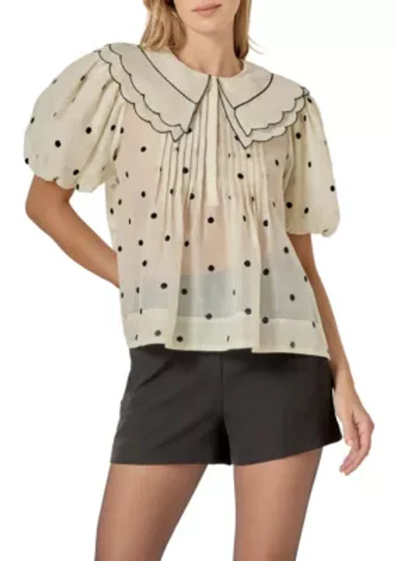 Scalloped Collar Sheer Polka Dot Blouse