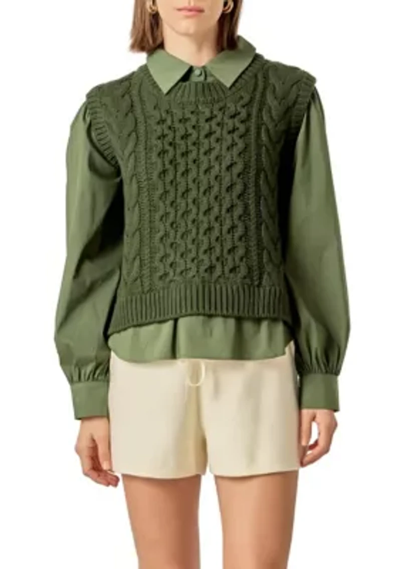 MIXED MEDIA CABLE KNIT SHIRT TOP