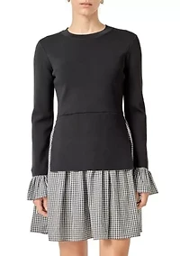 MIXED MEDIA GINGHAM CHECK MINI DRESS