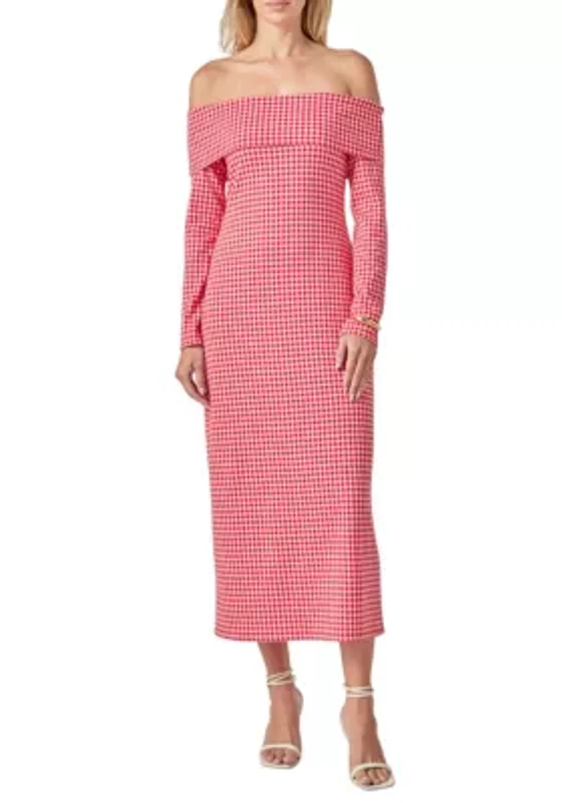 GINGHAM OFF THE SHOULDER MIDI DRESS