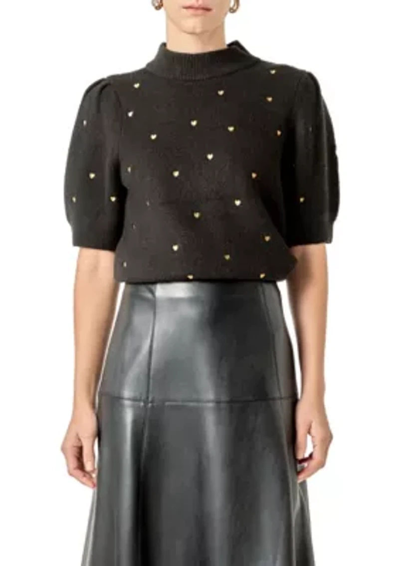 Heart-Embroidered Puff Sleeve Knit