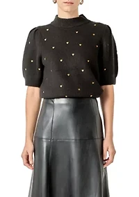 Heart-Embroidered Puff Sleeve Knit