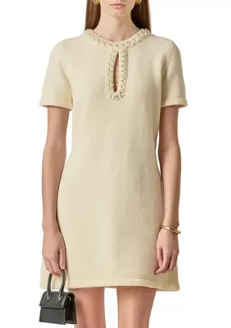 PEARL & RHINESTONE KEY HOLE KNIT MINI DRESS