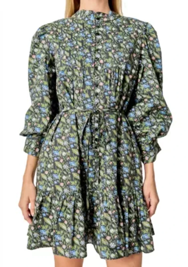 FLORAL PRINT PINTUCK SMOCK MINI DRESS