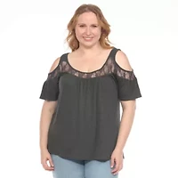 Plus Cold Shoulder Lace Trim Knit Top