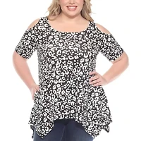 Plus Cold Shoulder Leopard Print Short Sleeve Tunic Top