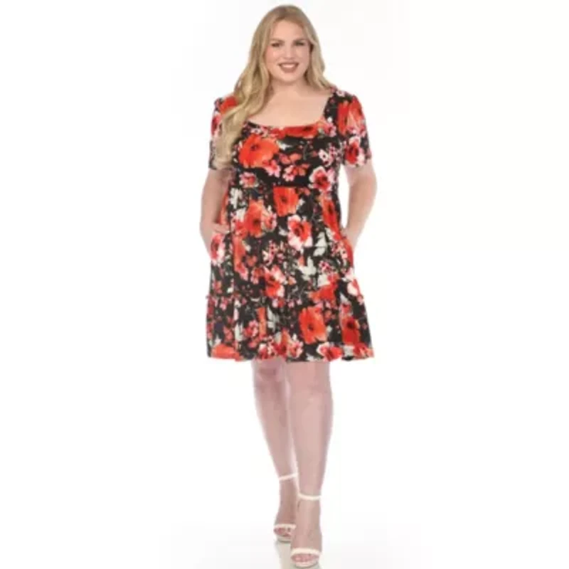 Plus Square Neck Short Sleeve Floral Dress