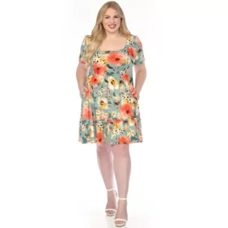 Plus Square Neck Short Sleeve Floral Dress