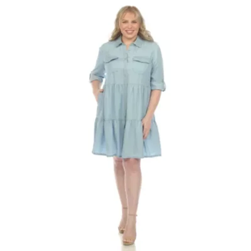 Plus Long Sleeve Tiered Midi Shirt Dress