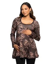 Maternity Brown Floral Print Long Sleeve Tunic Top