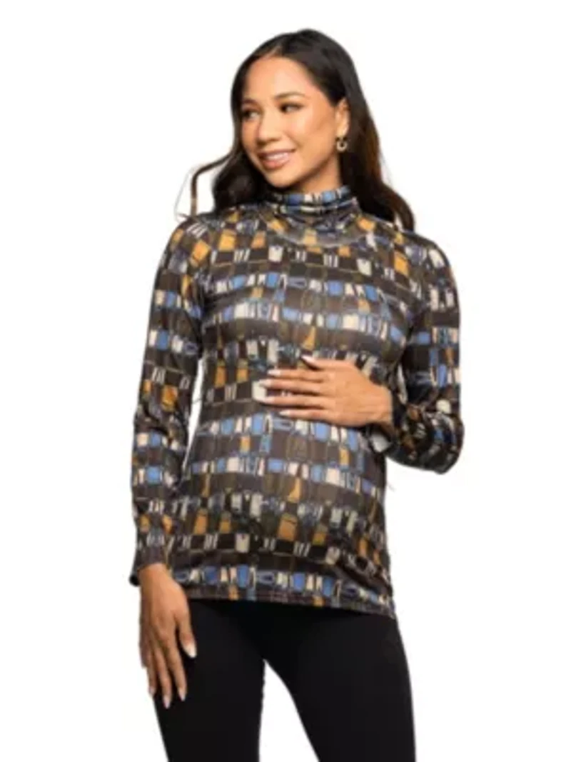 Maternity Mock Neck Long Sleeve Printed Top
