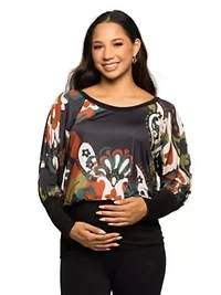 Maternity Paisley Multicolor Print Dolman Sleeve Banded Top