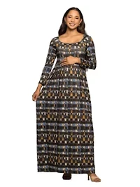 Maternity Brown Geometric Print Long Sleeve Empire Waist Maxi Dress