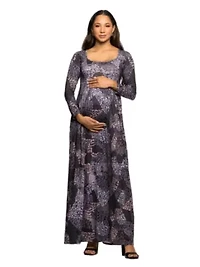 Maternity Long Sleeve Empire Waist Maxi Dress Grey Print