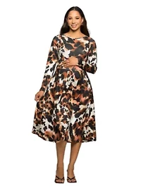 Maternity Long Sleeve Midi Dress Animal Print