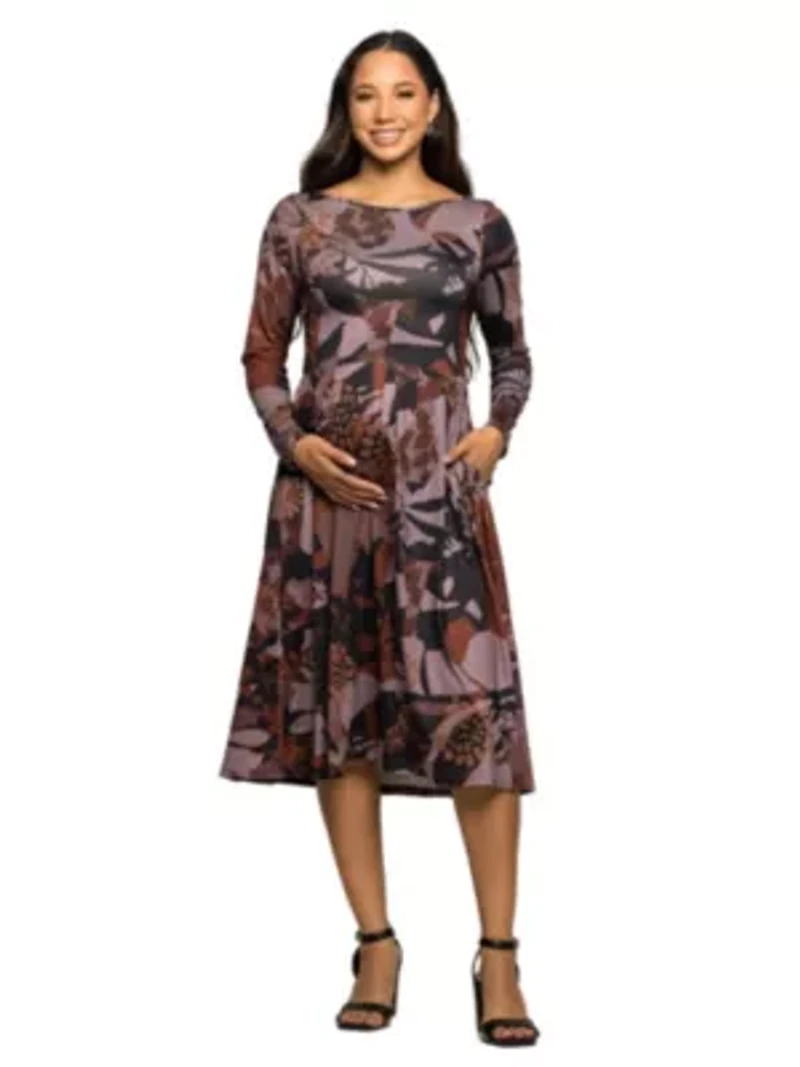 Maternity Long Sleeve Midi Dress Brown Floral Print