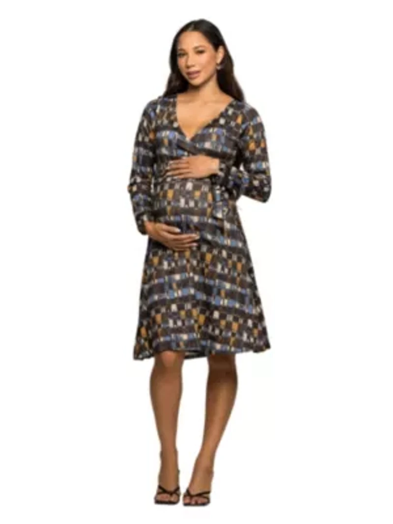 Maternity Long Sleeve Wrap Dress with Belt Brown Blue Geometric Print