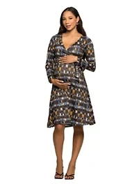 Maternity Long Sleeve Wrap Dress with Belt Brown Blue Geometric Print