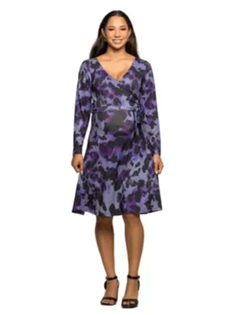 Maternity Long Sleeve Wrap Dress with Belt Purple Black Print
