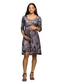 Maternity Three Quarter Sleeve Fit and Flare Dress Grey Print