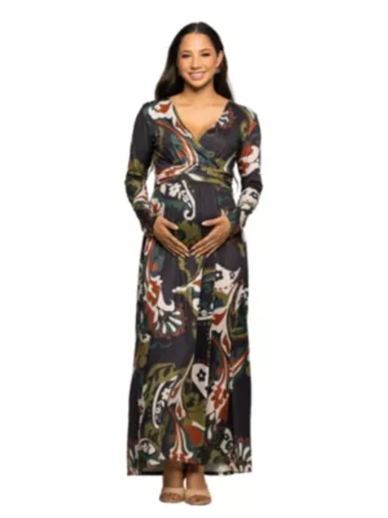 Maternity Green Paisley Print Long Sleeve Wrap Maxi Dress
