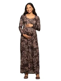 Maternity Brown Blush Floral Long Sleeve Scoop Neck Maxi Dress