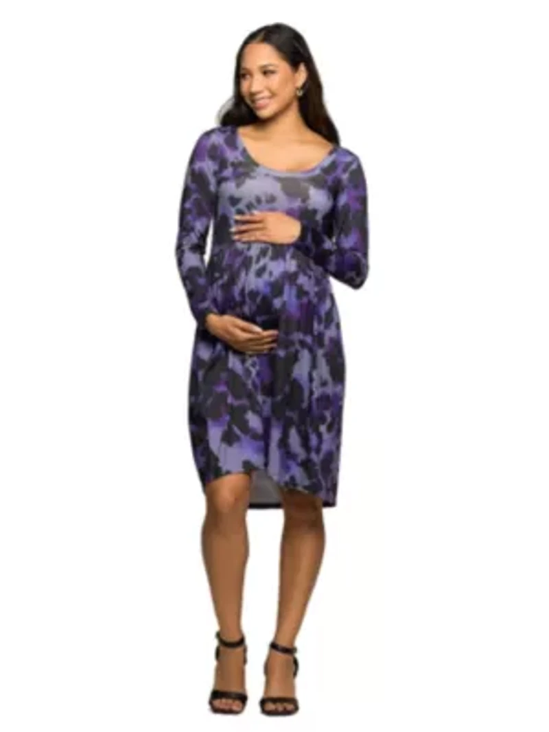Maternity Long Sleeve Empire Waist Dress Purple Black Print