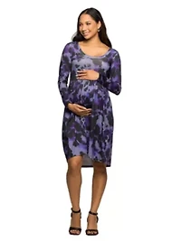 Maternity Long Sleeve Empire Waist Dress Purple Black Print