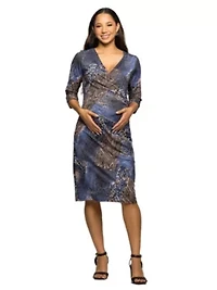 Maternity Three Quarter Sleeve Faux Wrap Dress Blue Animal Print